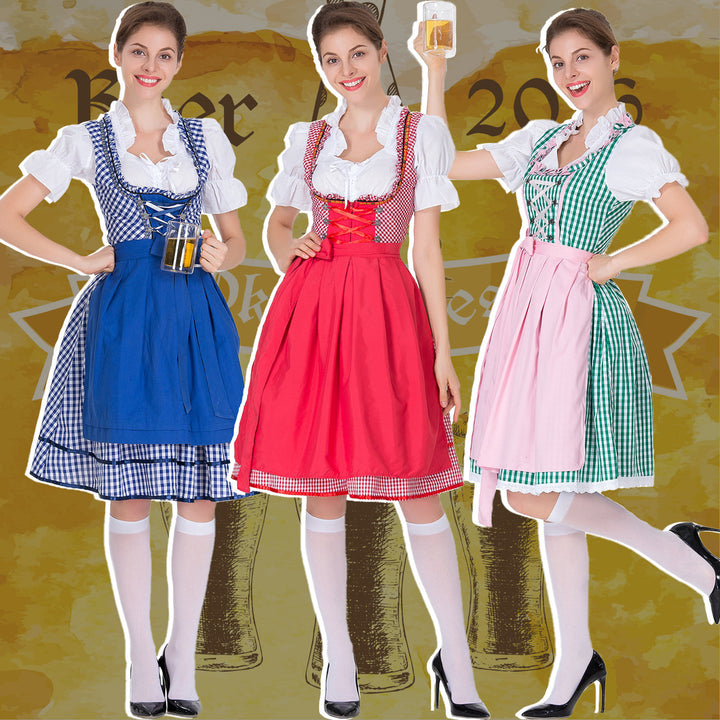 Women's checked dirndl dress with gathered apron and laced bodice front Mune Fashion