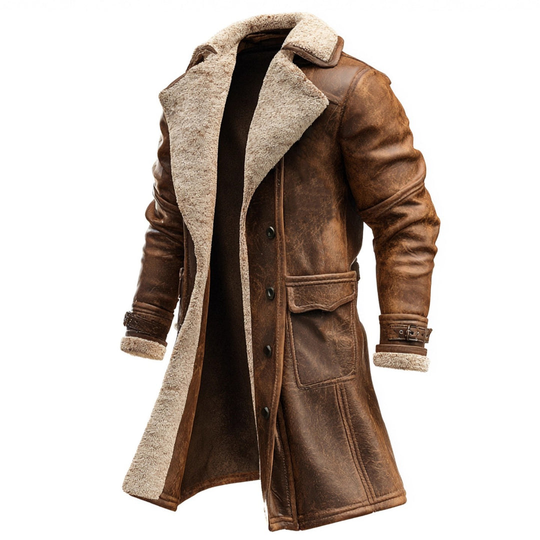 Men's Long Vintage Faux Leather Coat with Teddy Lining and Adjustable Buckle Cuffs Mune Fashion