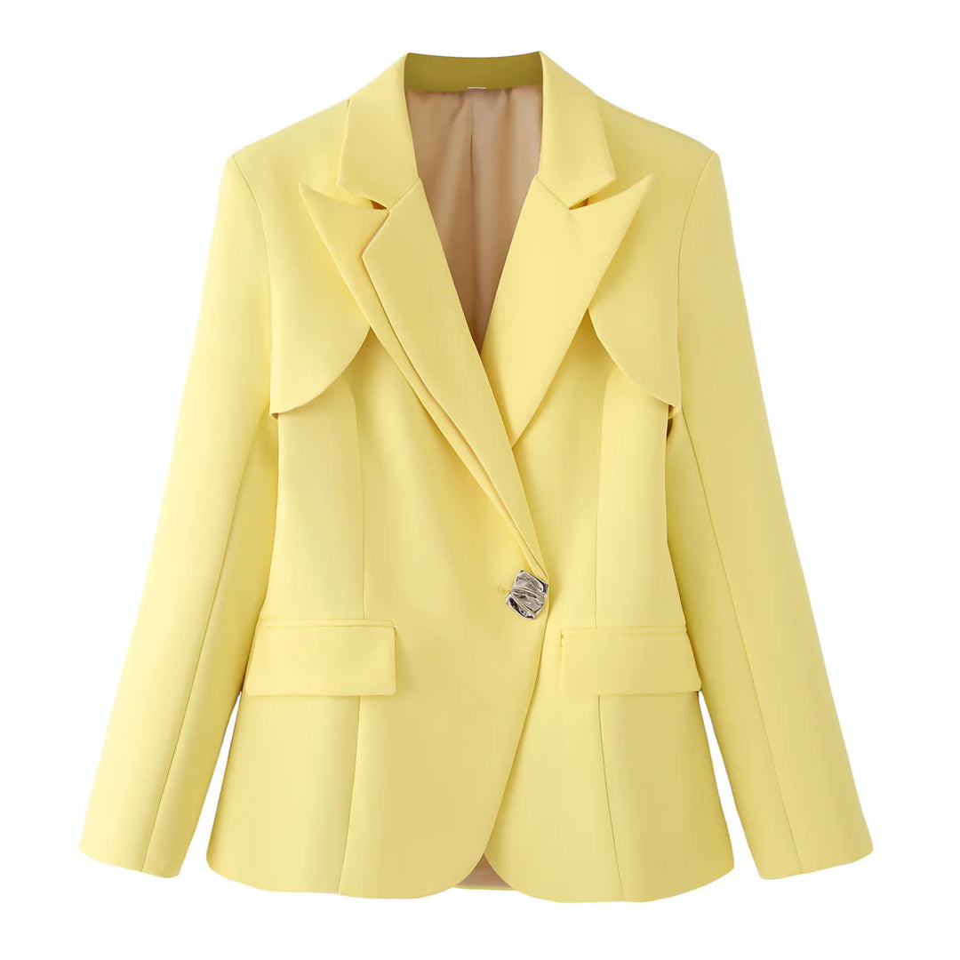 Women's tailored blazer with curved layered collar, figure-flattering darts, and decorative accent button Mune Fashion