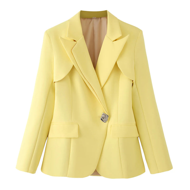 Women's tailored blazer with curved layered collar, figure-flattering darts, and decorative accent button Mune Fashion