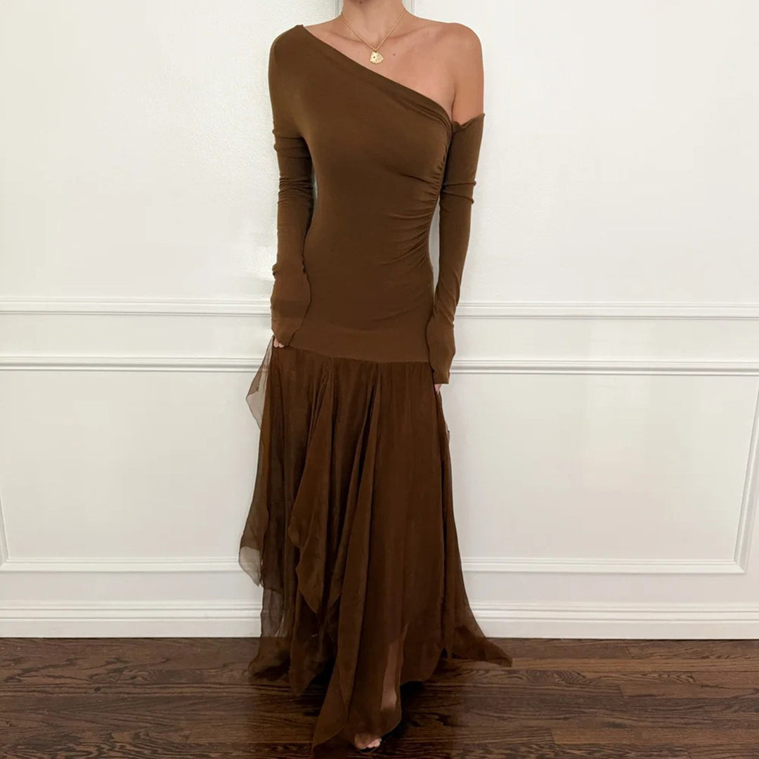 Women One-Shoulder Evening Dress with Fitted Stretch Silhouette and Layered Tulle Mermaid Skirt Mune Fashion