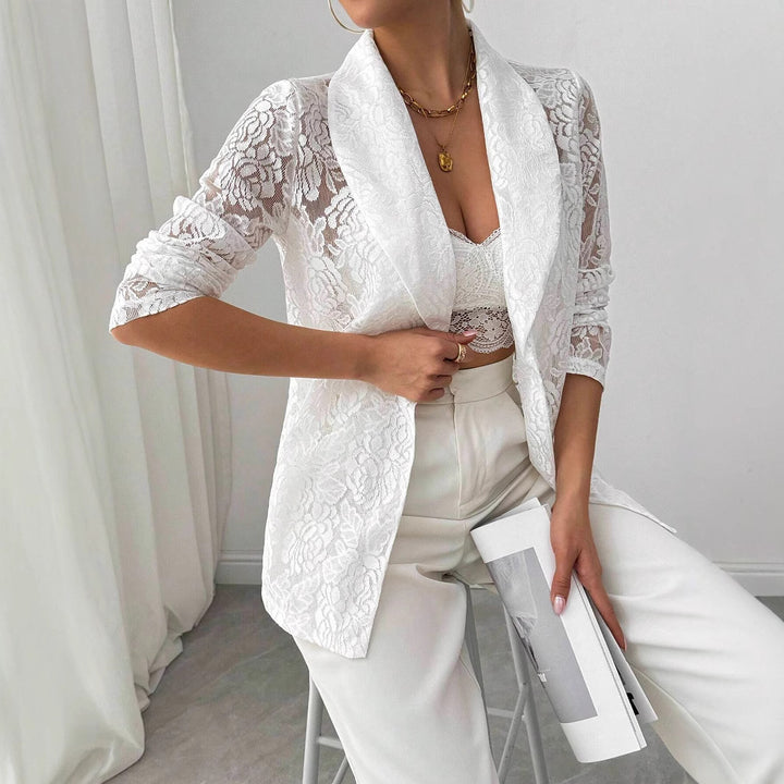 Ladies nan lace blazer with shawl collar and floral transparency Mune Fashion