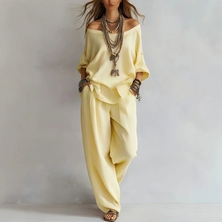 Women's Casual Lightweight Lounge Set with Off-the-Shoulder Neckline and Palazzo Pants Mune Fashion