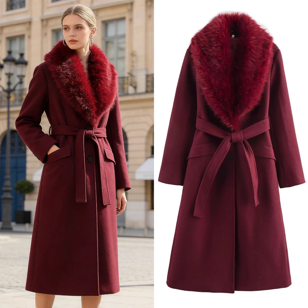 Women's wool coat with removable faux fur shawl collar and belted waist Mune Fashion
