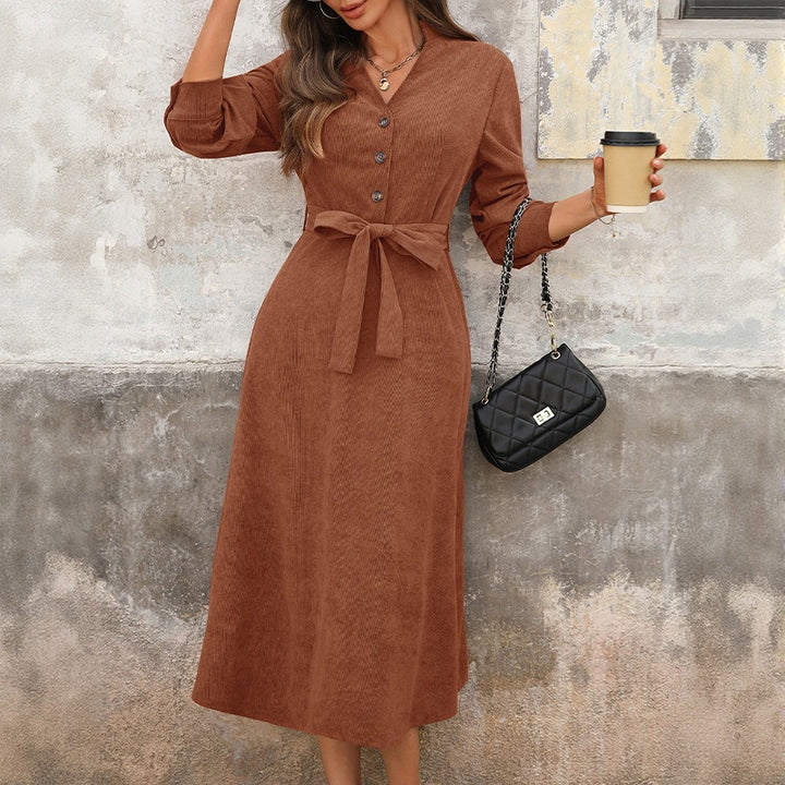 Ladies Midi Dress with Waist Belt and Button Placket Mune Fashion