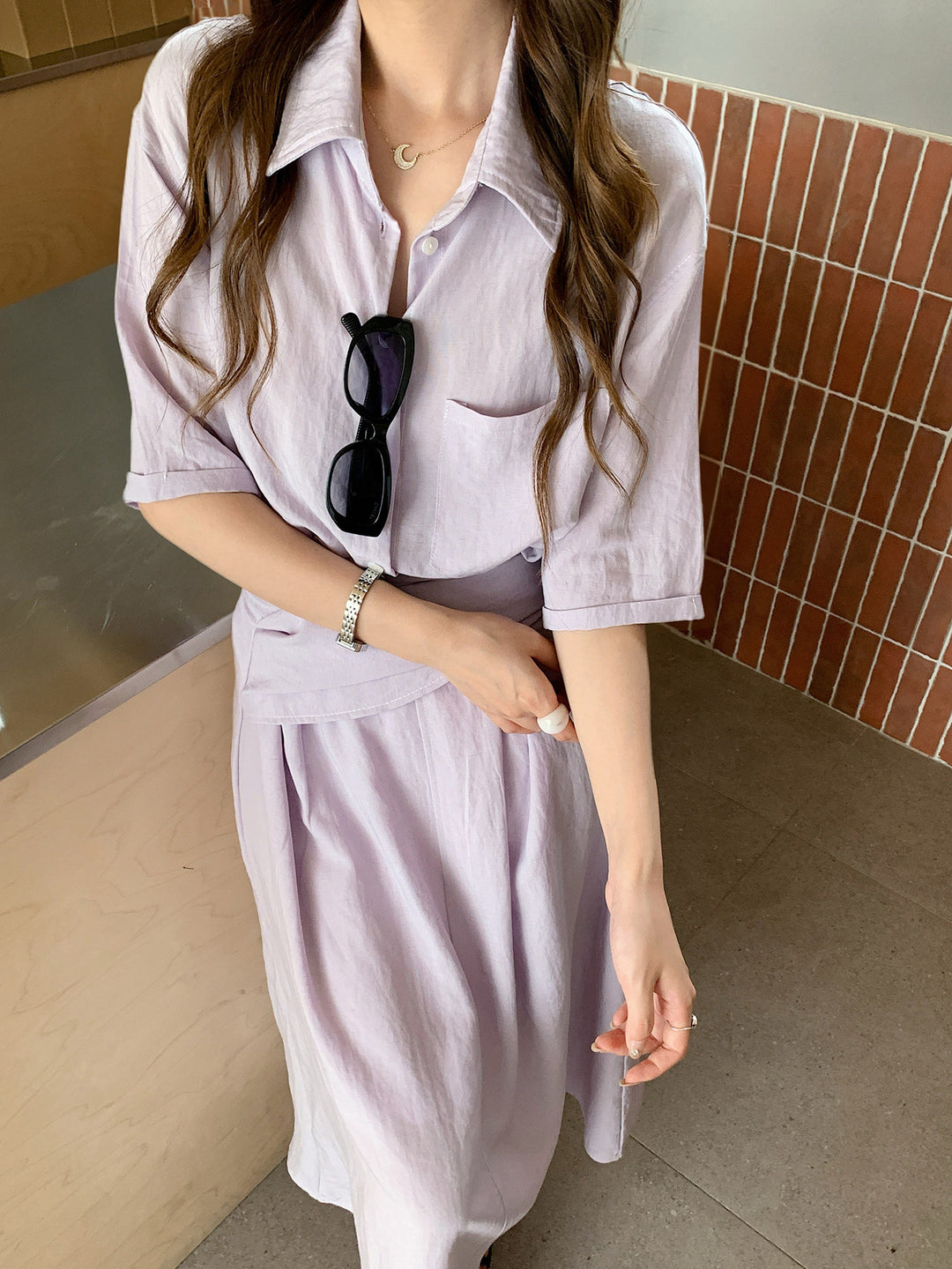 Women's Two-Piece Linen Look Blouse and Midi Skirt Set with Tailored Waist Mune Fashion