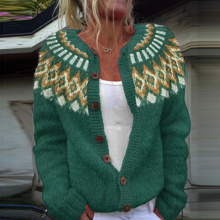 Women's patterned cardigan with round yoke, wooden buttons, and welt pockets Mune Fashion
