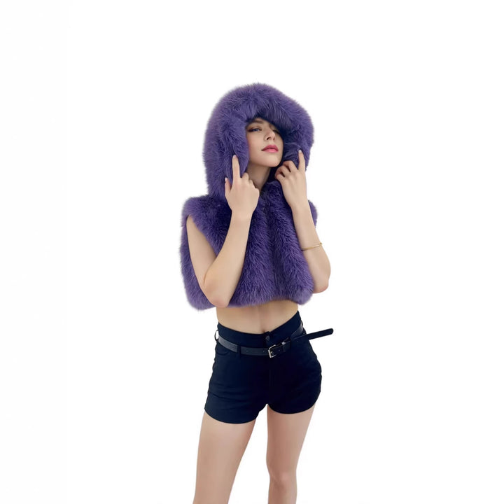 Women's Short Hooded Vest made of High-Pile Faux Fur with Voluminous Long Hair Collar Mune Fashion