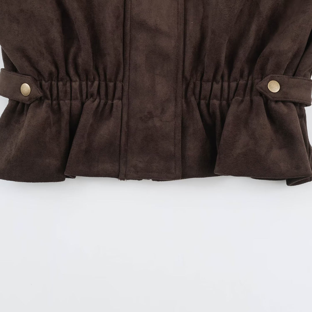 Women's Short Velvet-Look Jacket with Drawstring Waist, High Stand-Up Collar and Adjustable Cuffs Mune Fashion