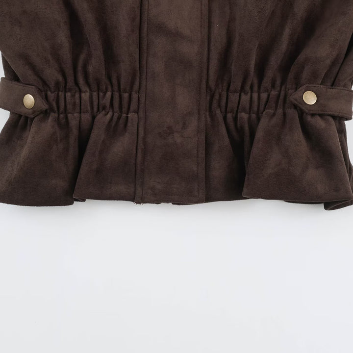 Women's Short Velvet-Look Jacket with Drawstring Waist, High Stand-Up Collar and Adjustable Cuffs Mune Fashion