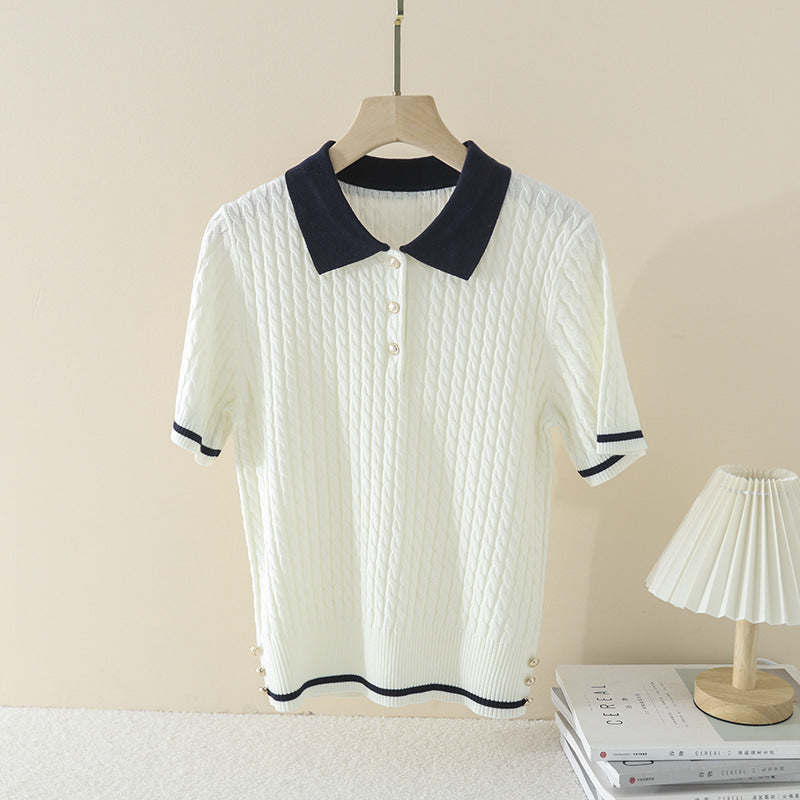Women's Short Sleeve Knit Polo Shirt with Cable Pattern and Contrast Collar Mune Fashion