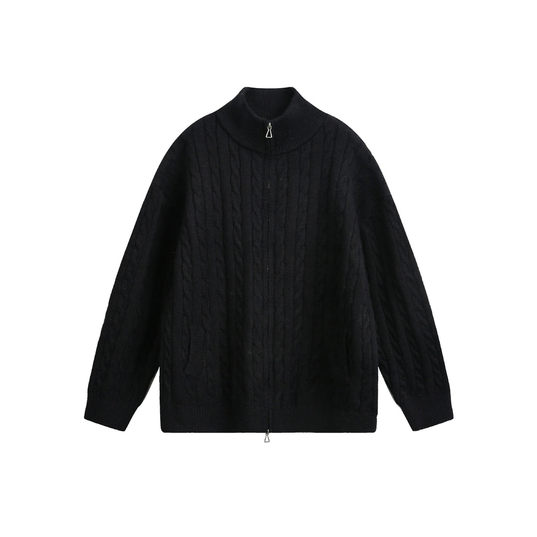 Unisex chunky knit pullover with cable pattern, high stand-up collar and two-way zipper Mune Fashion
