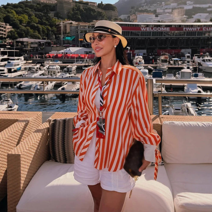 Women Striped Oversized Shirt Blouse with Contrasting Cuffs & Knot Finishes Mune Fashion