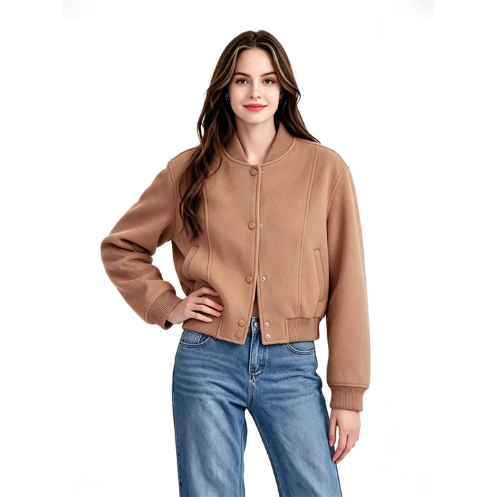 Ladies short-cut wool bomber jacket with ribbed cuffs and snap button placket Mune Fashion