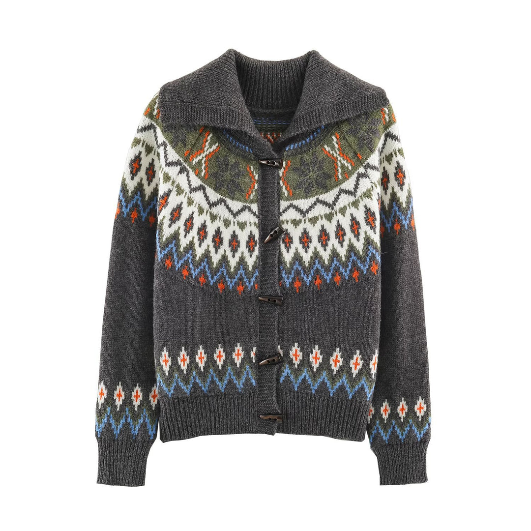 Women Chunky Knit Norwegian Cardigan with Shawl Collar and Horn Button Placket Mune Fashion