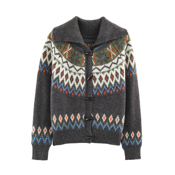 Women Chunky Knit Norwegian Cardigan with Shawl Collar and Horn Button Placket Mune Fashion