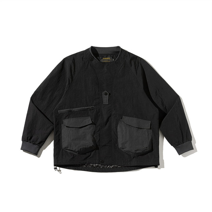 Unisex Lightweight Boxy Field Jacket without Collar with Raglan Sleeves, Patch Flap Pockets and Drawstring Mune Fashion