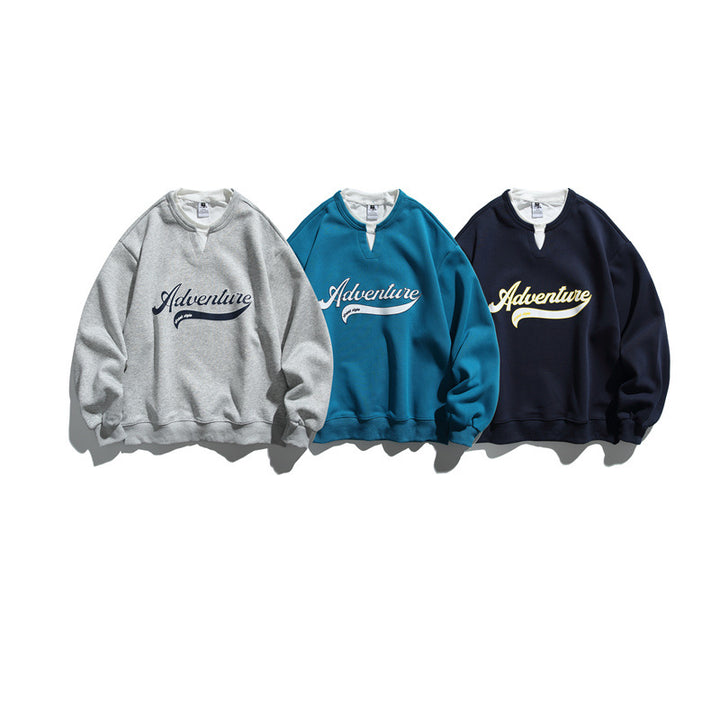 Unisex Oversized Sweatshirt with Notch Collar, Layered Effect and Script Print Mune Fashion