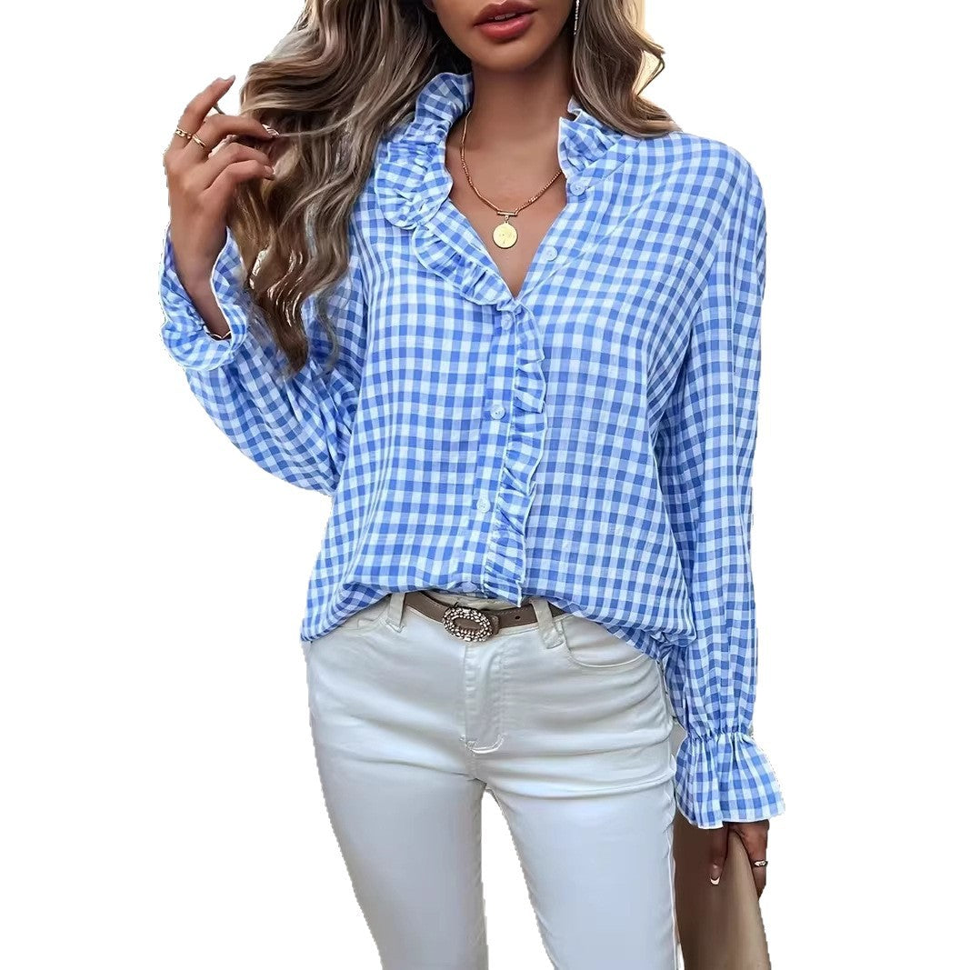 Women's checkered ruffle blouse with stand-up collar, concealed button placket, and bell sleeves Mune Fashion