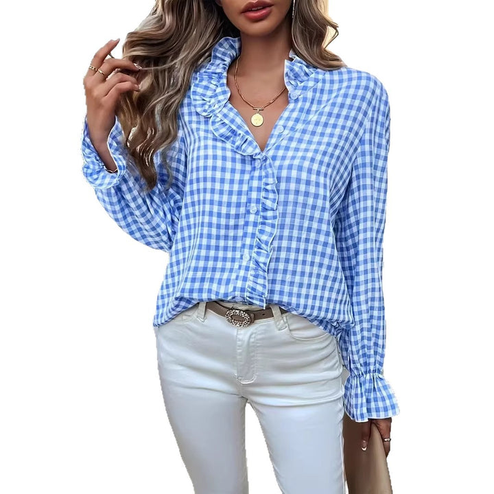 Women's checkered ruffle blouse with stand-up collar, concealed button placket, and bell sleeves Mune Fashion