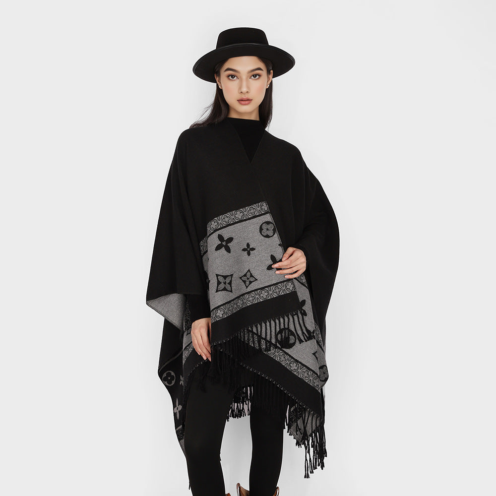 Women's Fringe Cape Poncho in Jacquard Wool Blend with Asymmetrical Pointed Hem Mune Fashion
