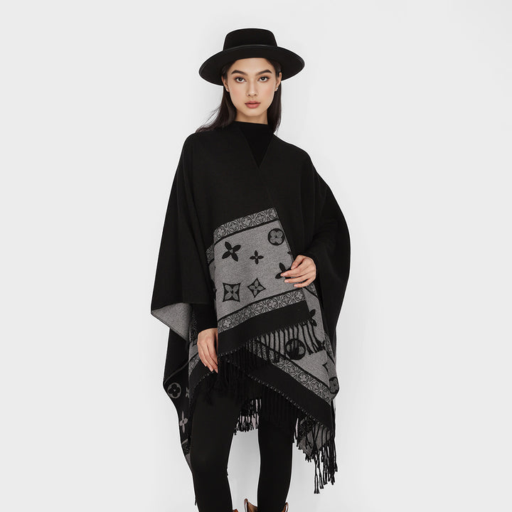Women's Fringe Cape Poncho in Jacquard Wool Blend with Asymmetrical Pointed Hem Mune Fashion