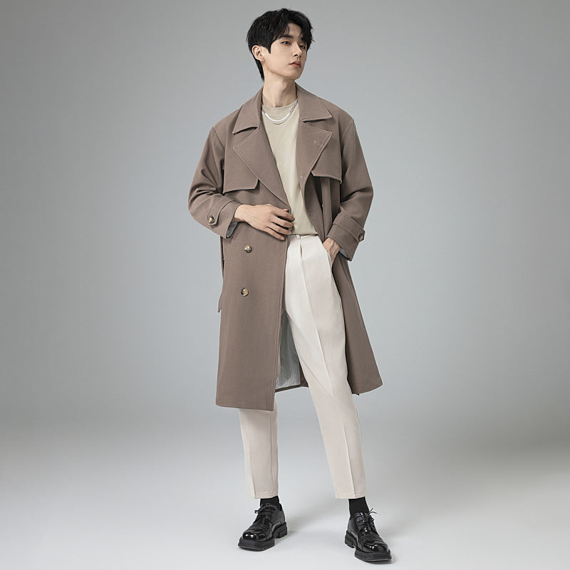 Men's Oversized Double-breasted Wool Blend Trench Coat with Shawl Collar and Contrast Flap Mune Fashion