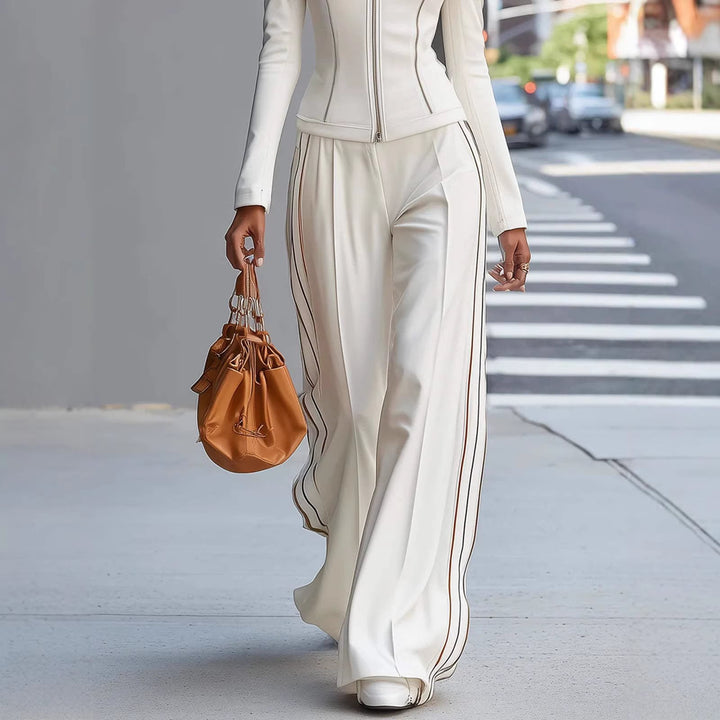 Women's Tailored Stand-Up Collar Blouson with Zipper and Wide Palazzo Pants with Piping Mune Fashion