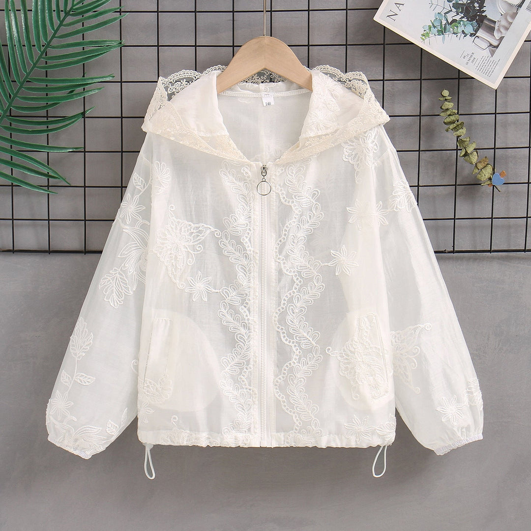 Women's transparent embroidered hoodie jacket with zipper and drawstring Mune Fashion