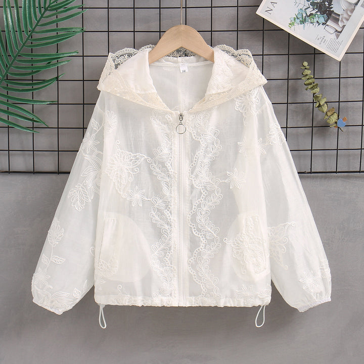 Women's transparent embroidered hoodie jacket with zipper and drawstring Mune Fashion