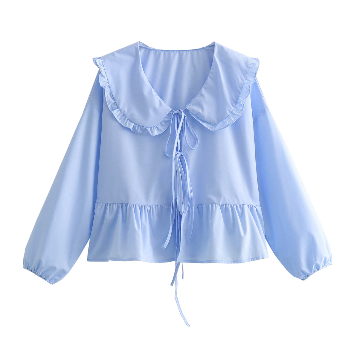 Women's Ruffle Blouse with Large Peter Pan Collar, Ties and Balloon Sleeves Mune Fashion