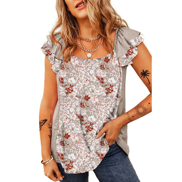 Women Sleeveless Floral Print Top with Ruffled Shoulders and Loose Fit Mune Fashion