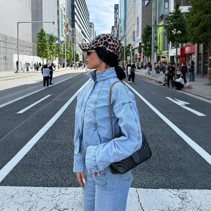 Women's Cropped Denim Jacket in Bomber Style with High Standing Collar and Oversized Sleeves Mune Fashion
