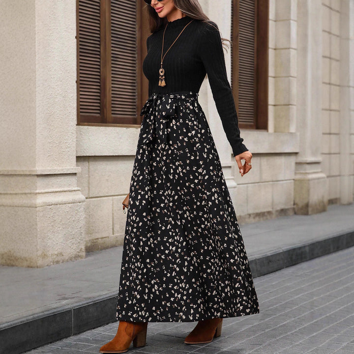 Women's two-piece set consisting of fine knit roll-neck top and patterned midaxi skirt with tie belt Mune Fashion