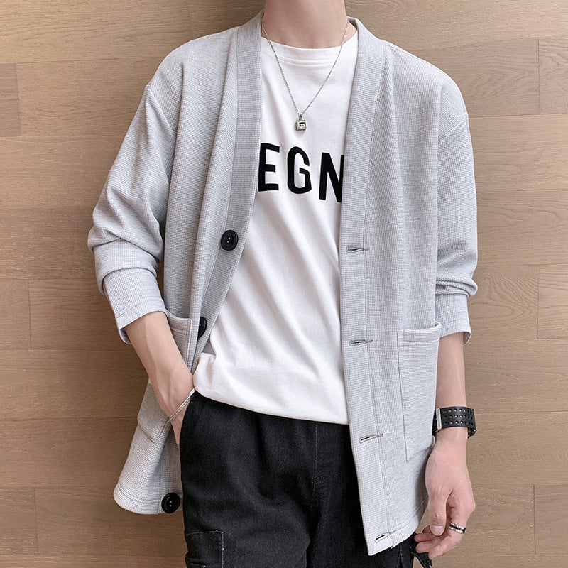 Men's Structured Waffle Knit Short Cardigan with Patch Pockets Mune Fashion