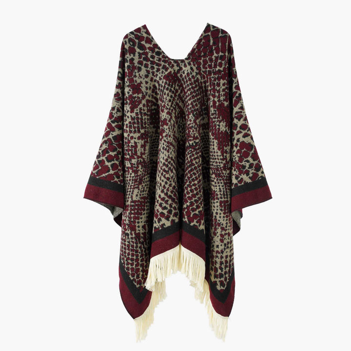 Women's Jacquard Poncho with V-Neck, Animal Print and Fringed Hem Mune Fashion