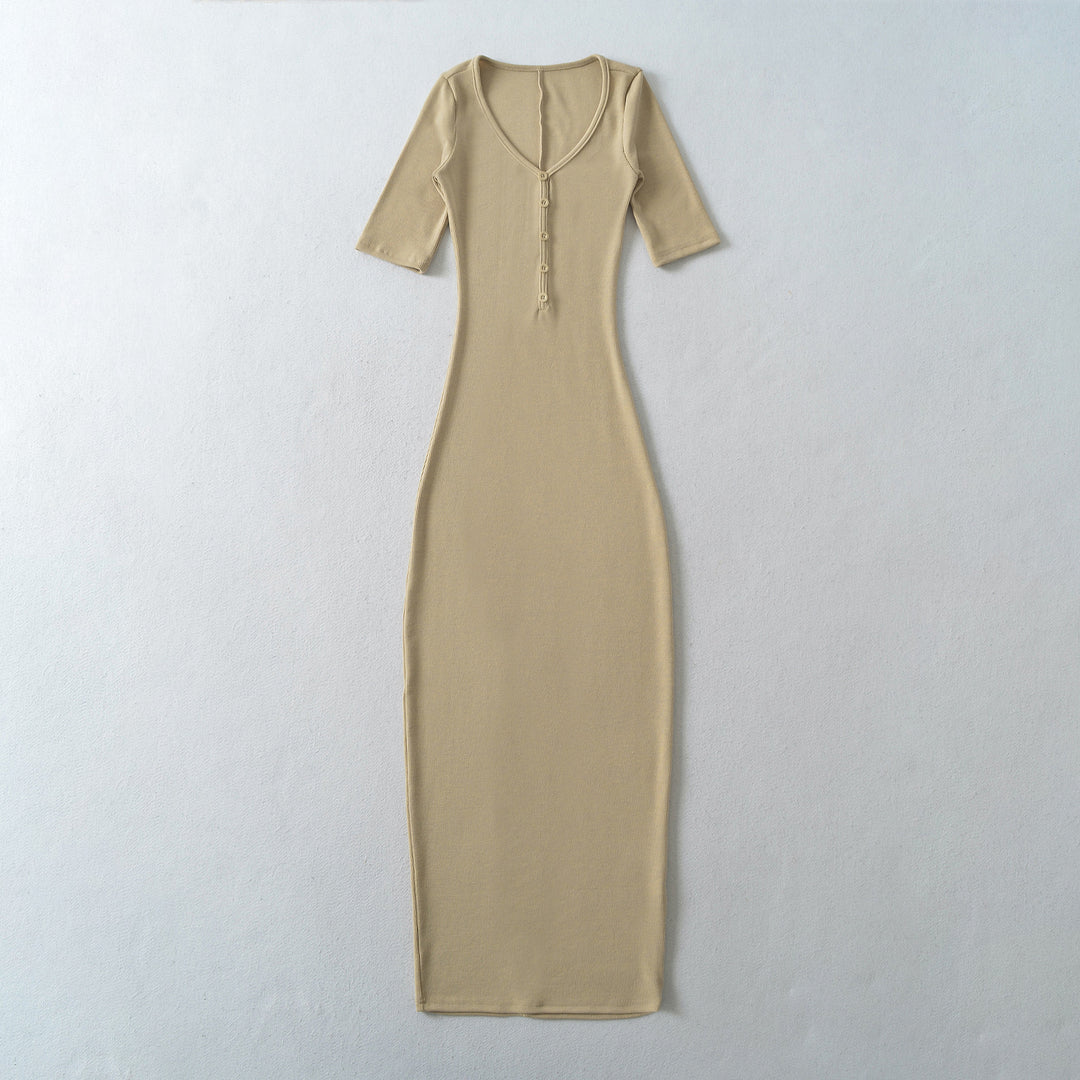 Women's Fitted Midi Dress made of Rib Knit with Button Placket and Half-Length Sleeves Mune Fashion