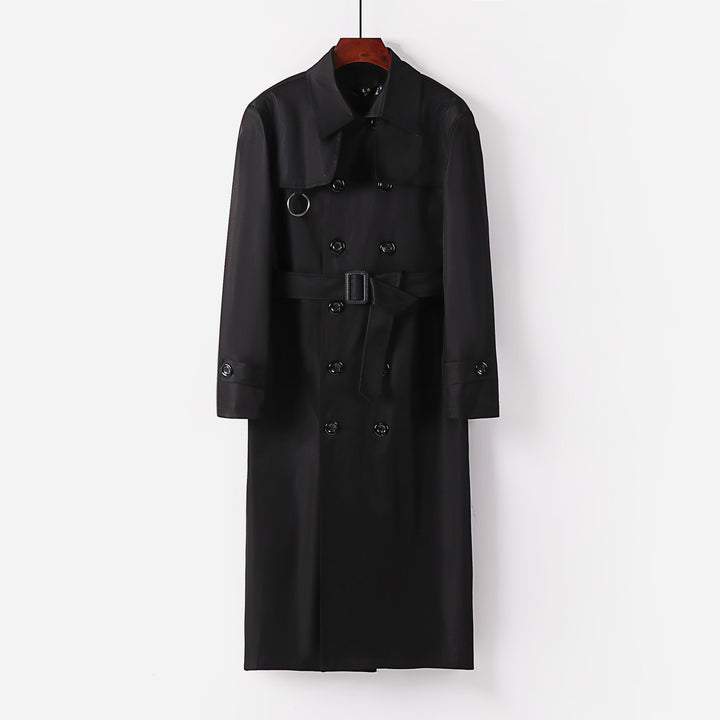 Men's Long Cut Double-Breasted Trench Coat with Waist Belt and Decorative Ring Detail Mune Fashion