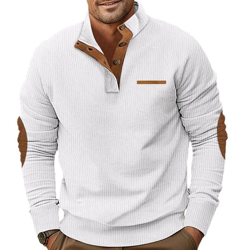 Men's structured half-button stand collar pullover with suede elbow patches Mune Fashion
