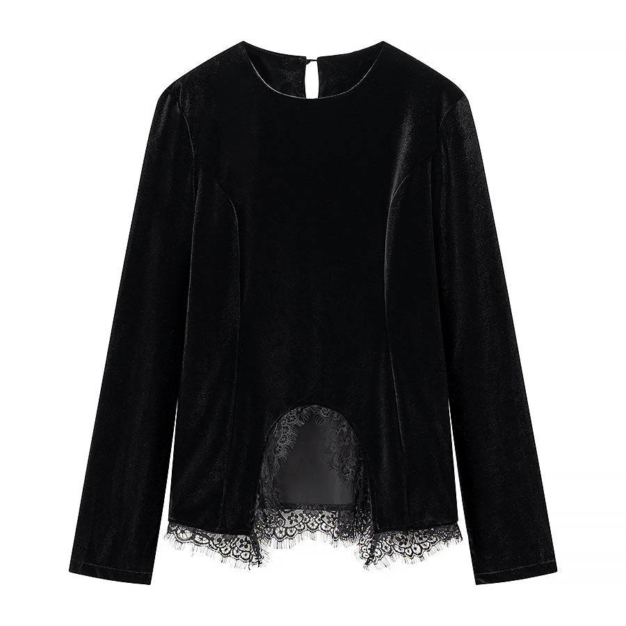 Women Elegant Velvet Long Sleeve with Lace Trim and Semi-Circular Front Slit Mune Fashion