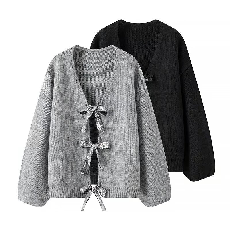 Women's Oversized Knit Cardigan with V-neck and Sequin Bows Mune Fashion