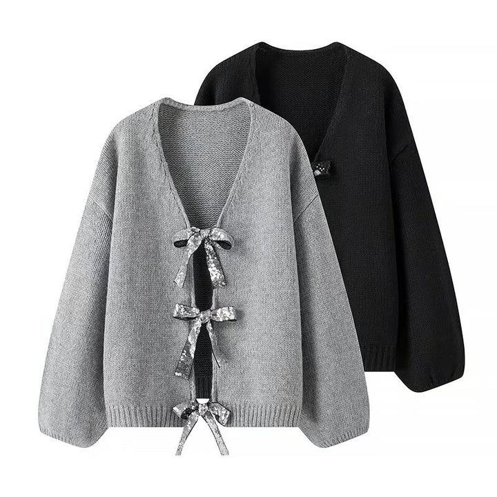 Women's Oversized Knit Cardigan with V-neck and Sequin Bows Mune Fashion