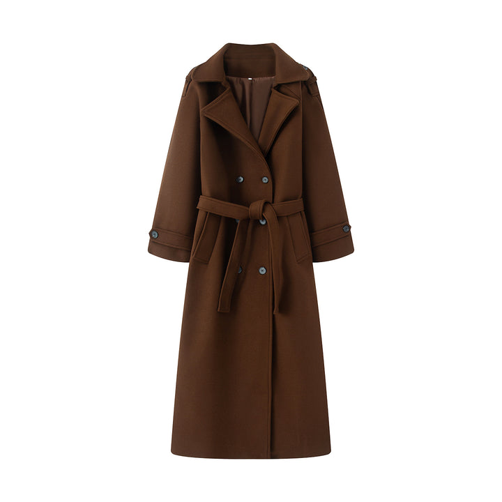 Women's longer wool blend trench coat with shawl collar, waist belt, and double-breasted button placket Mune Fashion