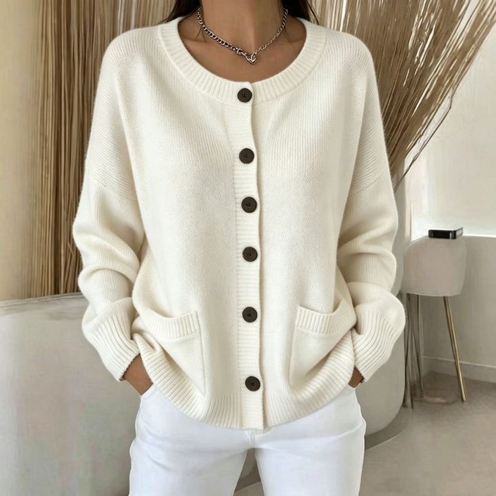 Women Button Cardigan with Round Neck, Patch Pockets and Raglan Sleeves Mune Fashion