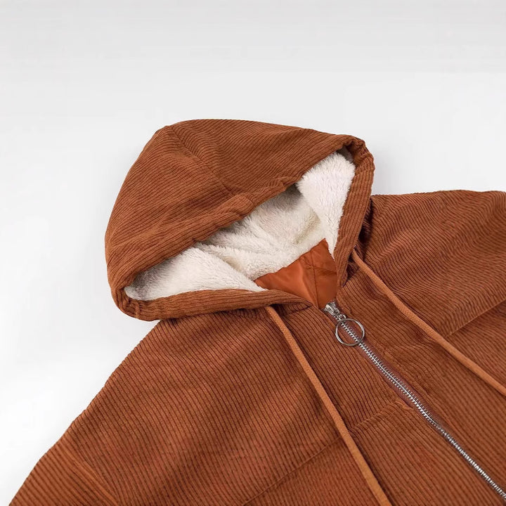 Women's short cord jacket with hood, teddy lining and full zip Mune Fashion