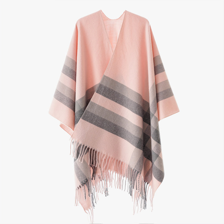 Women's wool blend cape poncho in oversized kimono with check pattern and fringe hem Mune Fashion