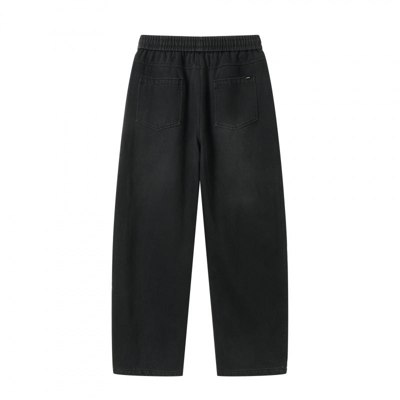 Unisex Loose Denim Pants with Elastic Waistband, Drawstring and Five Pockets Mune Fashion