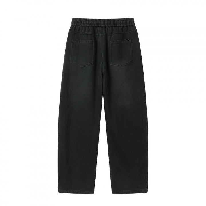 Unisex Loose Denim Pants with Elastic Waistband, Drawstring and Five Pockets Mune Fashion