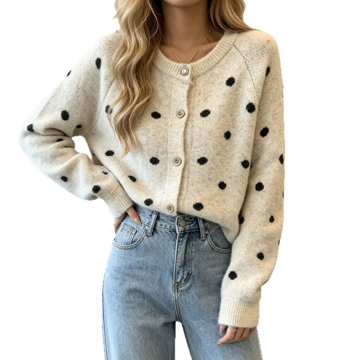 Women's Polka Dot Mohair-Style Button Cardigan with Round Neck Mune Fashion