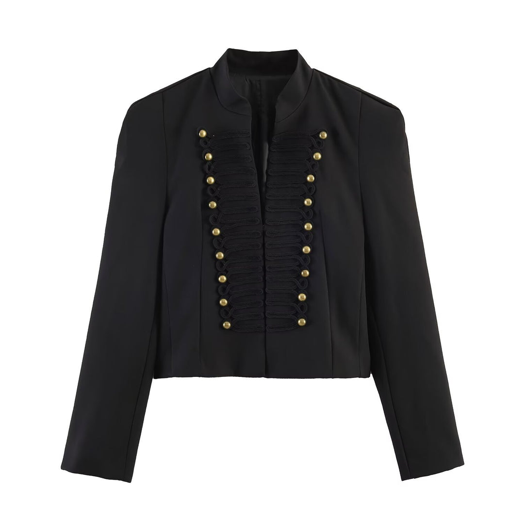 Women's short jacket in military style with stand-up collar and decorative frog detail Mune Fashion